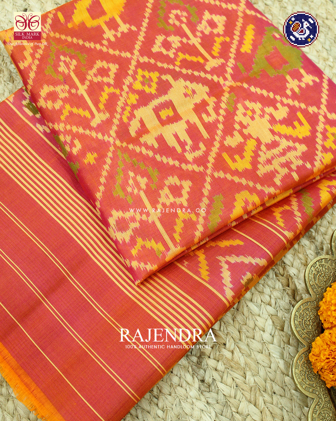 Traditional Hathi Popat Design Peach Rajkot Patola Dupatta