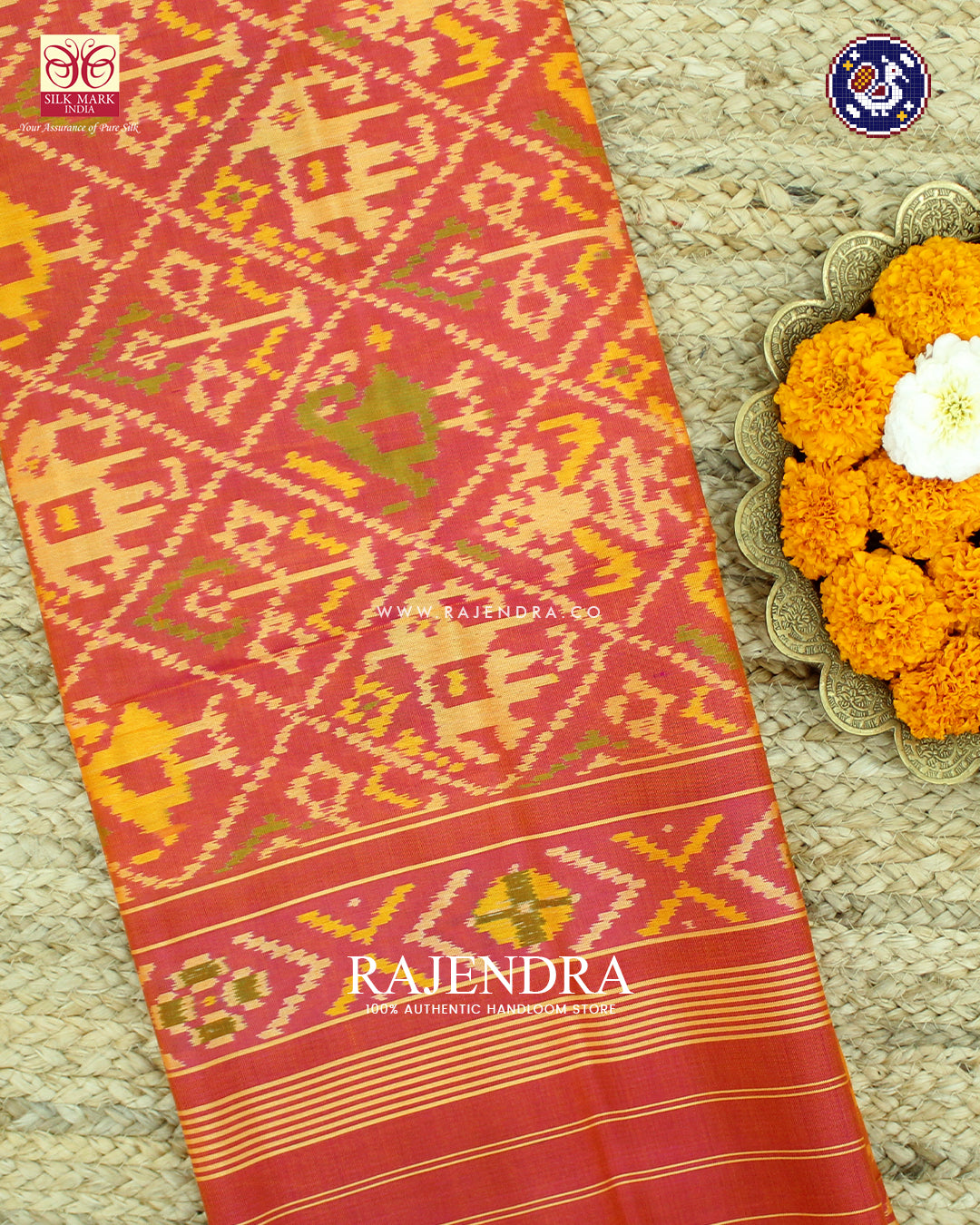 Traditional Hathi Popat Design Peach Rajkot Patola Dupatta