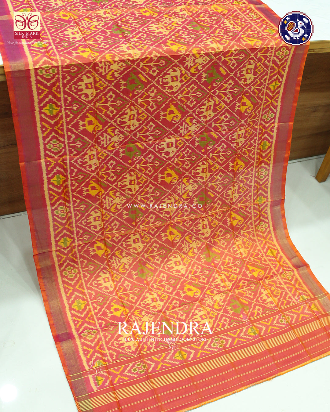 Traditional Hathi Popat Design Peach Rajkot Patola Dupatta