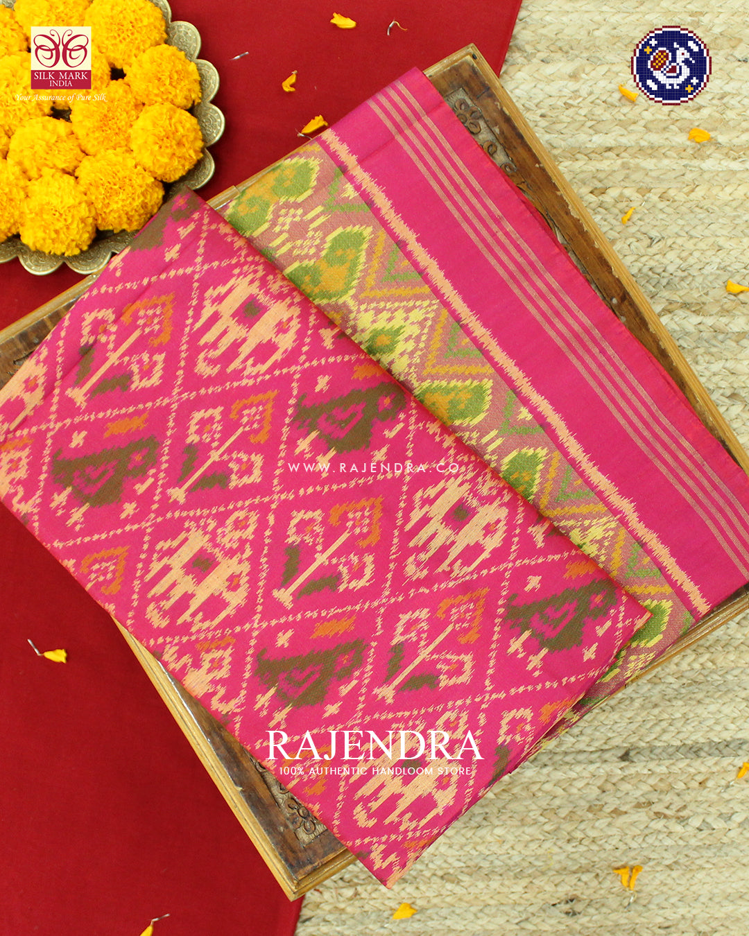 Traditional Hathi Popat Design Peach Rajkot Patola Saree