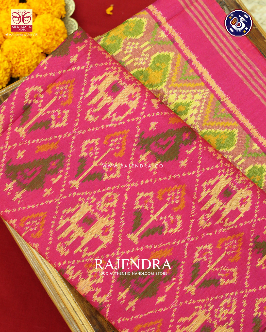 Traditional Hathi Popat Design Peach Rajkot Patola Saree