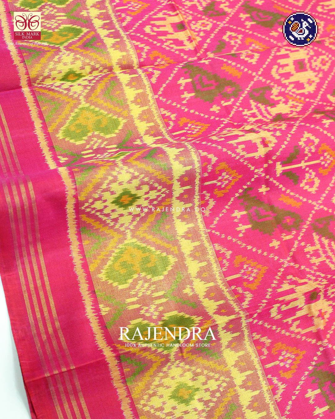 Traditional Hathi Popat Design Peach Rajkot Patola Saree