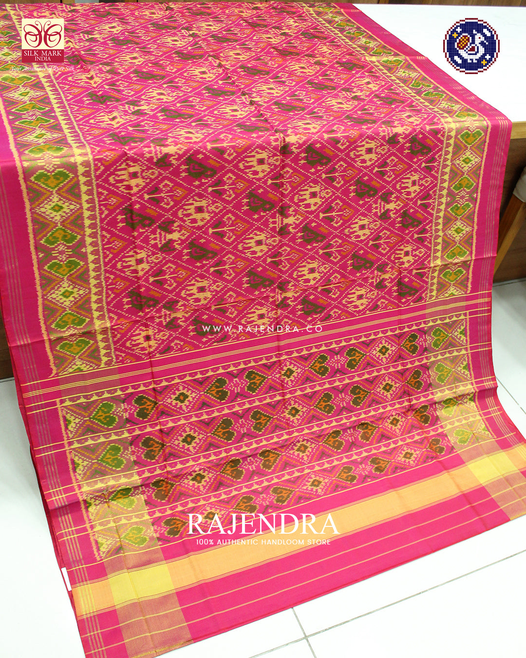 Traditional Hathi Popat Design Peach Rajkot Patola Saree