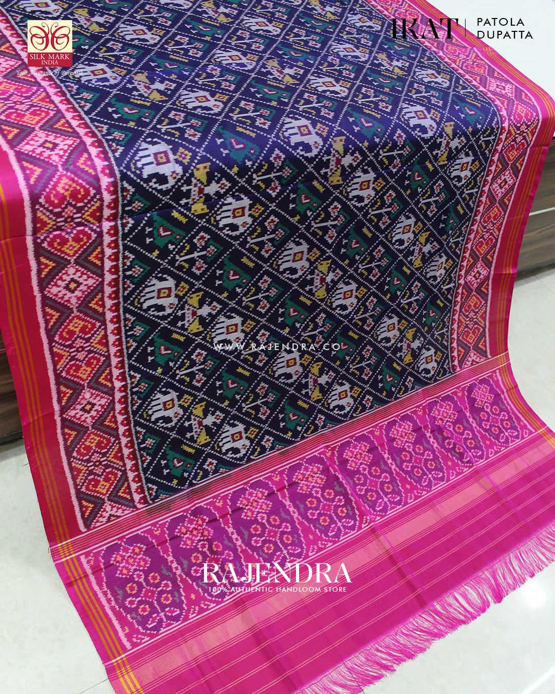 Traditional Hathi Popat Design Pink and Blue  Ikat Rajkot Patola Dupatta