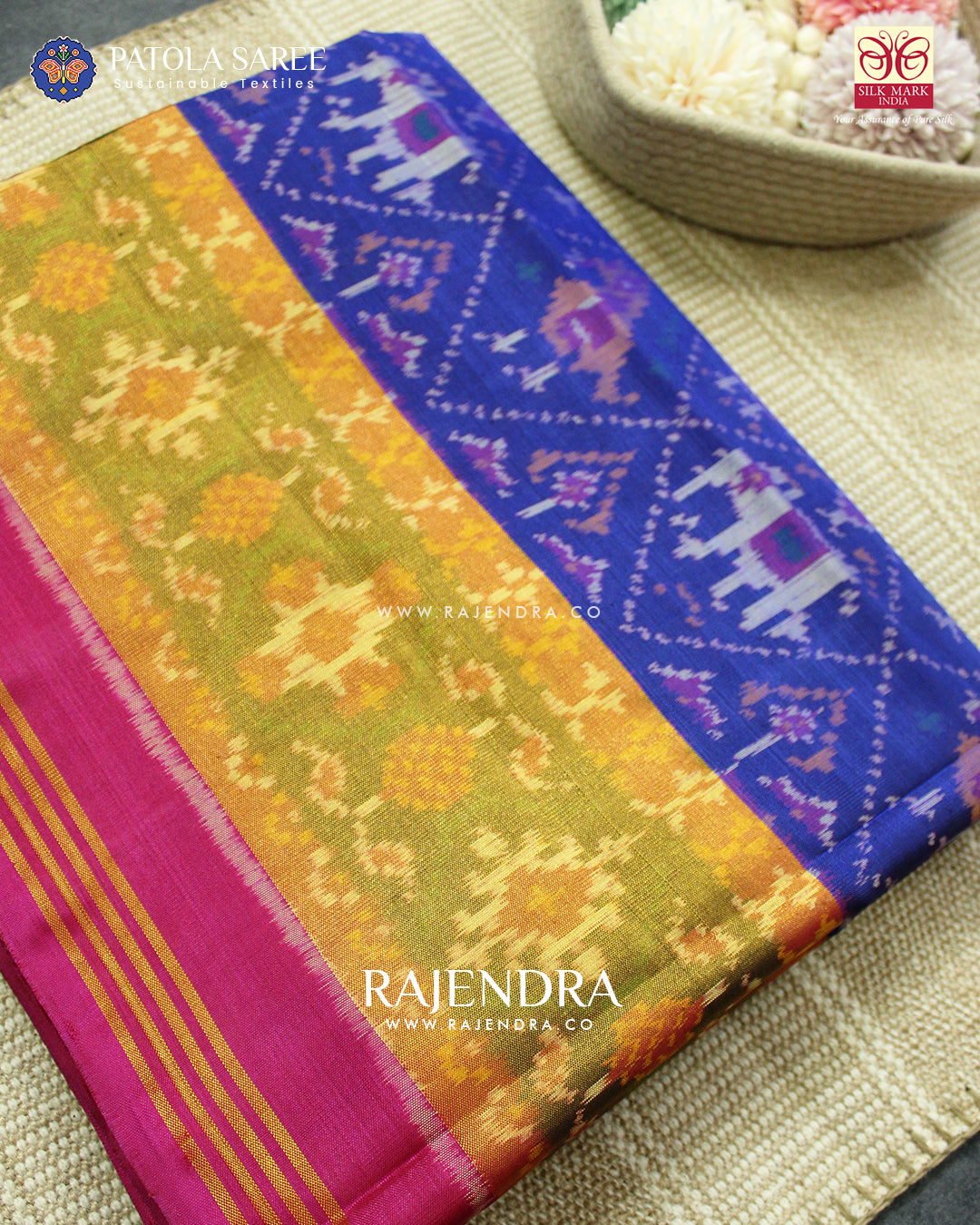Traditional Hathi Popat Pink and Blue Single Ikat Rajkot Patola Saree