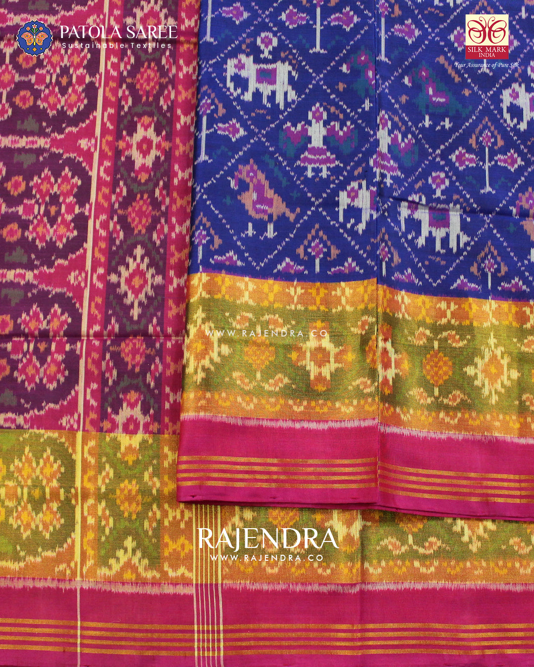 Traditional Hathi Popat Pink and Blue Single Ikat Rajkot Patola Saree