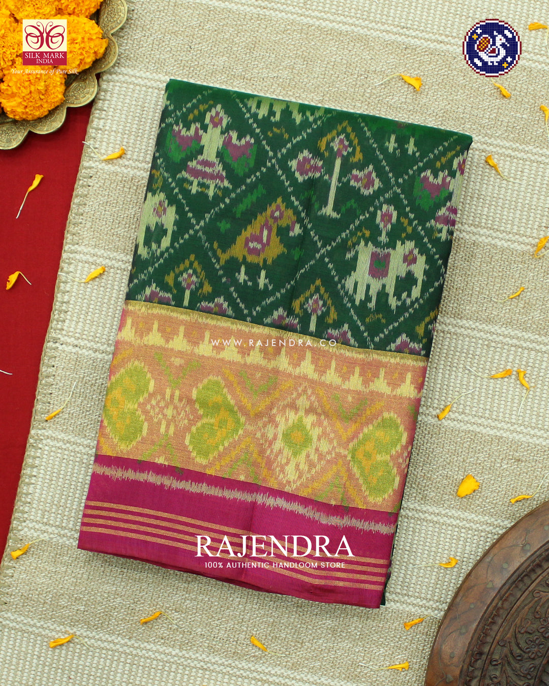 Traditional Hathi Popat Design Pink and Green Rajkot Patola Saree