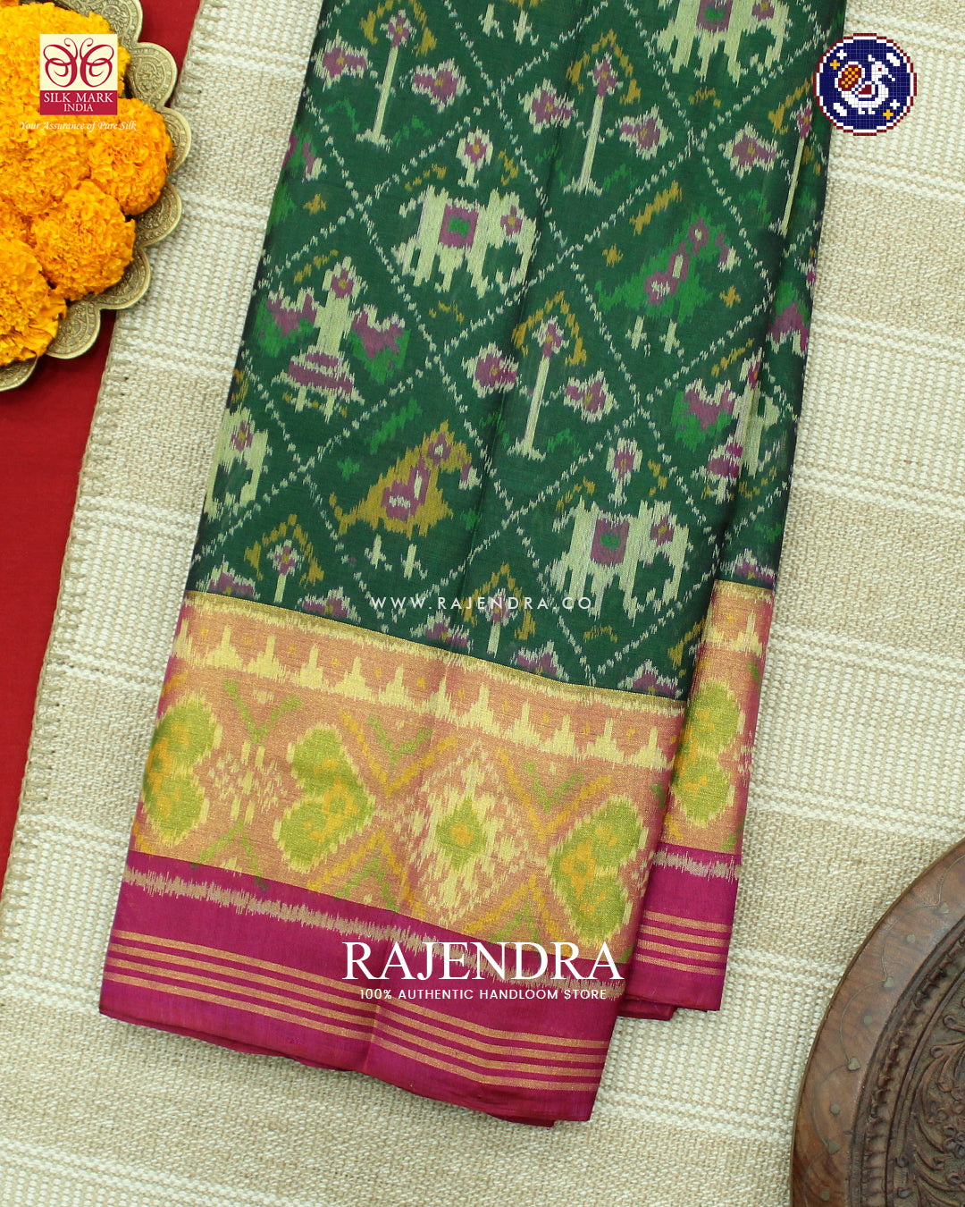 Traditional Hathi Popat Design Pink and Green Rajkot Patola Saree