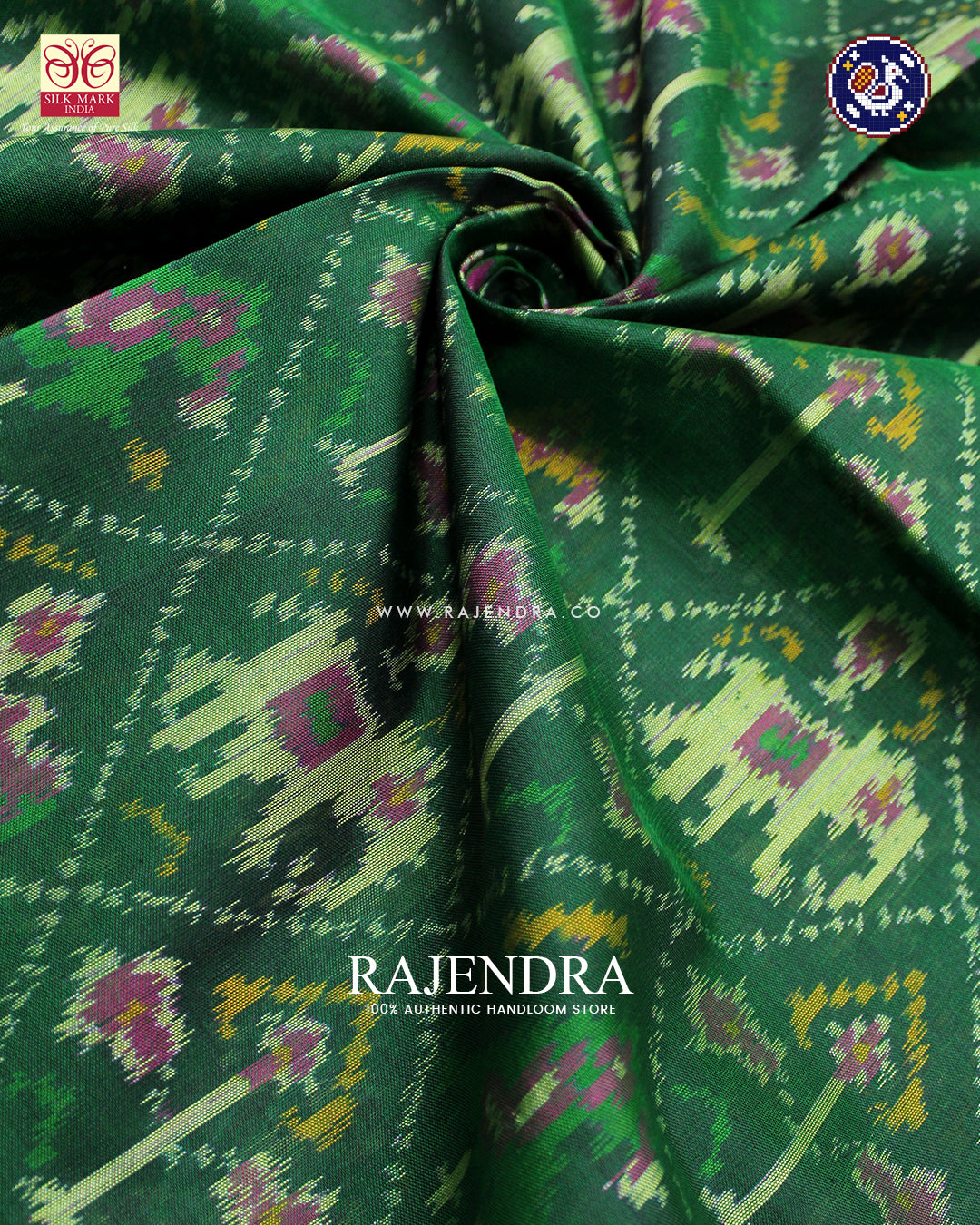 Traditional Hathi Popat Design Pink and Green Rajkot Patola Saree