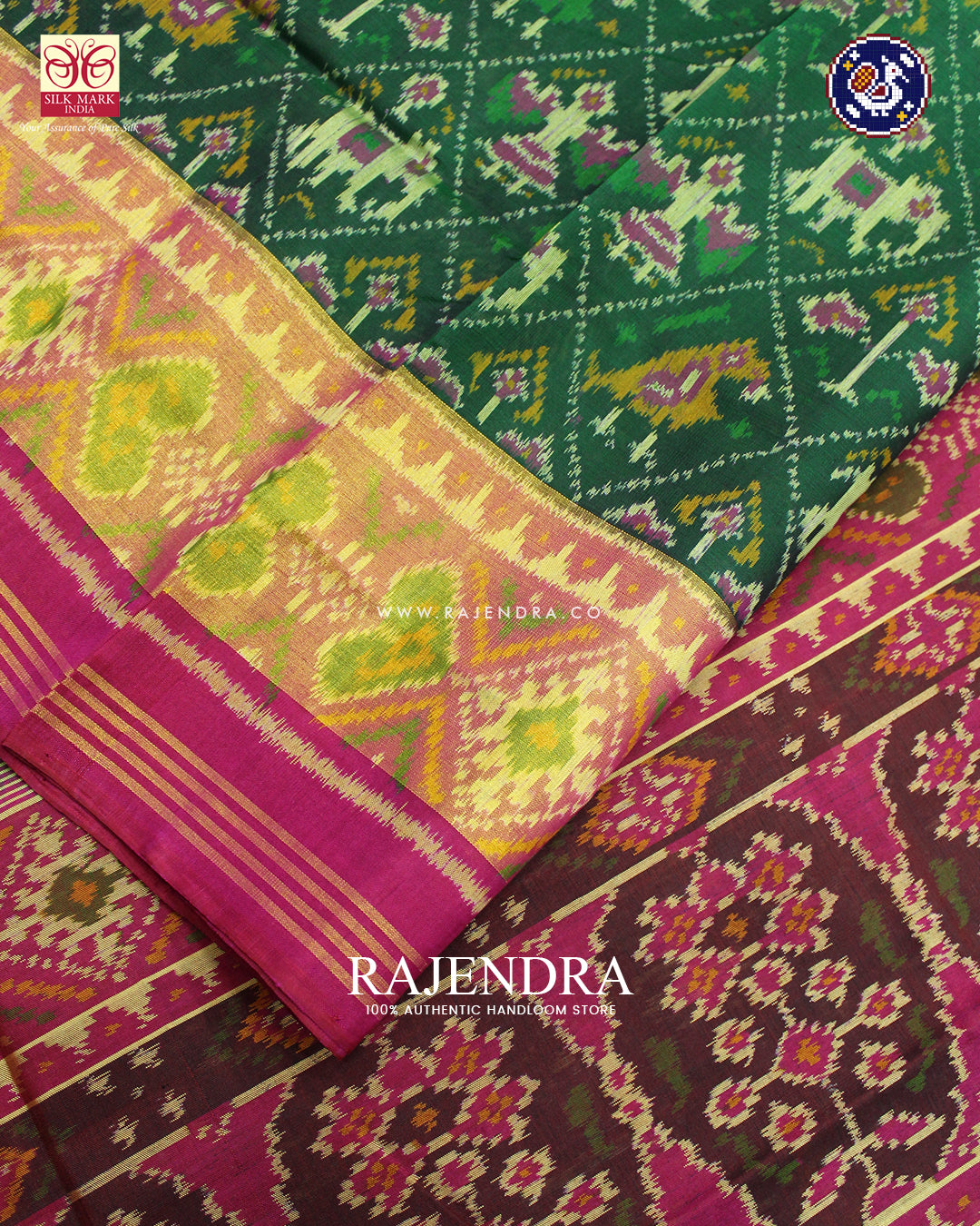 Traditional Hathi Popat Design Pink and Green Rajkot Patola Saree