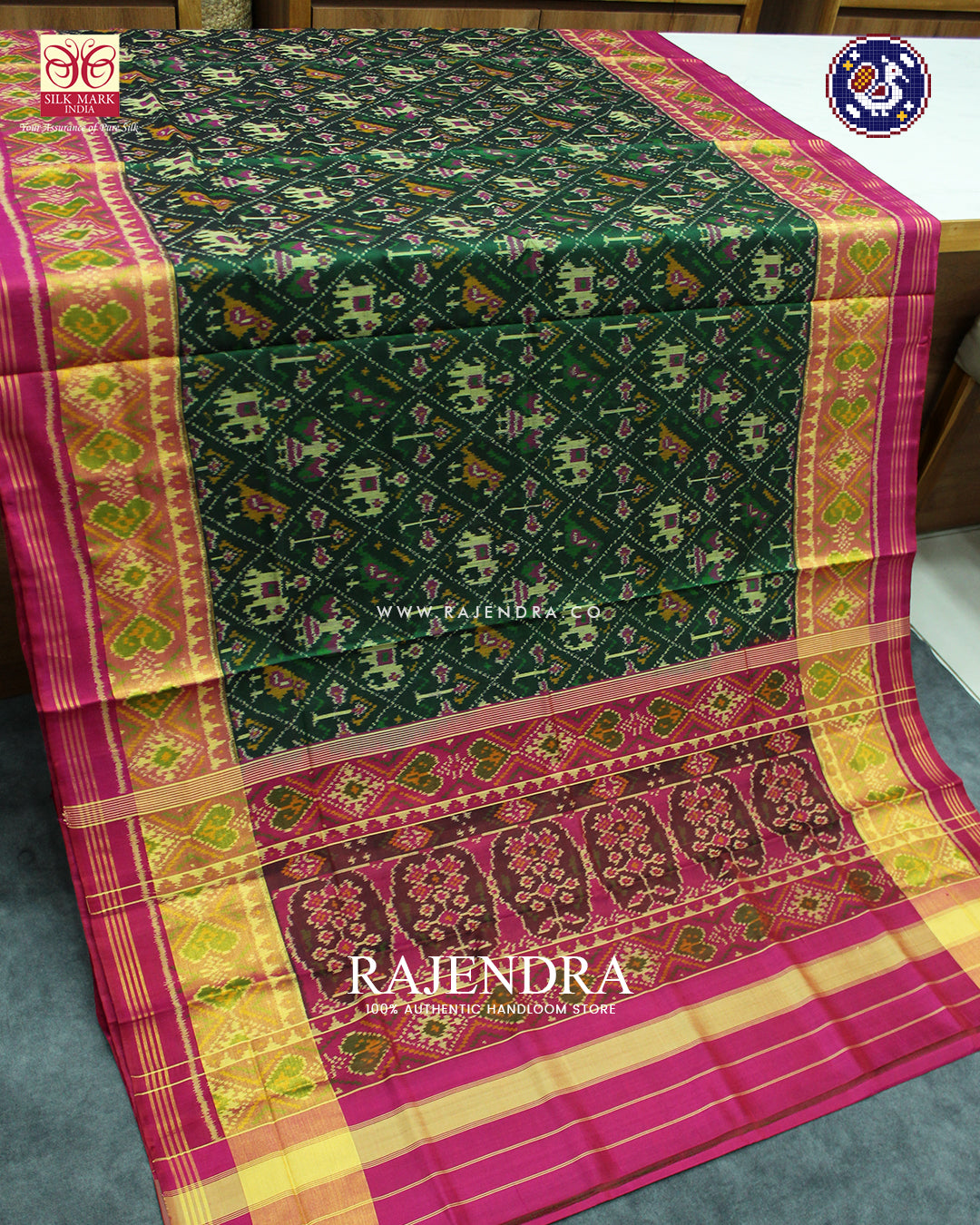 Traditional Hathi Popat Design Pink and Green Rajkot Patola Saree