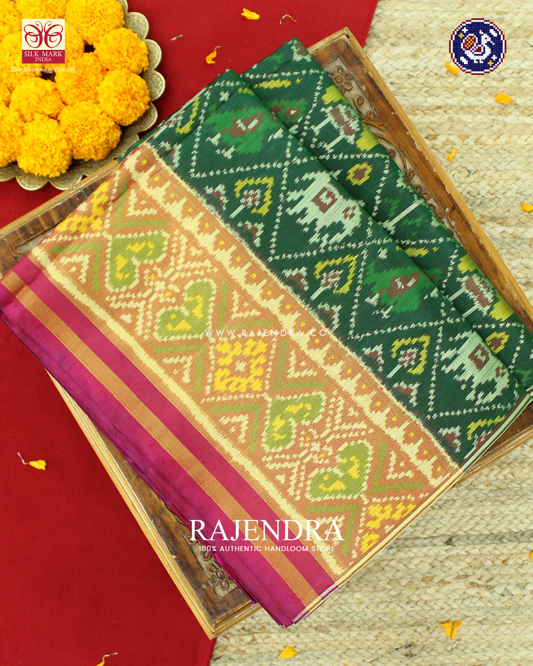 Traditional Hathi Popat Design Pink and Green Rajkot Patola Saree