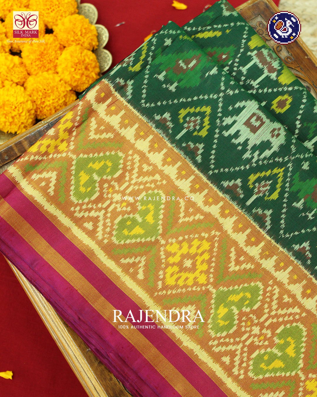 Traditional Hathi Popat Design Pink and Green Rajkot Patola Saree