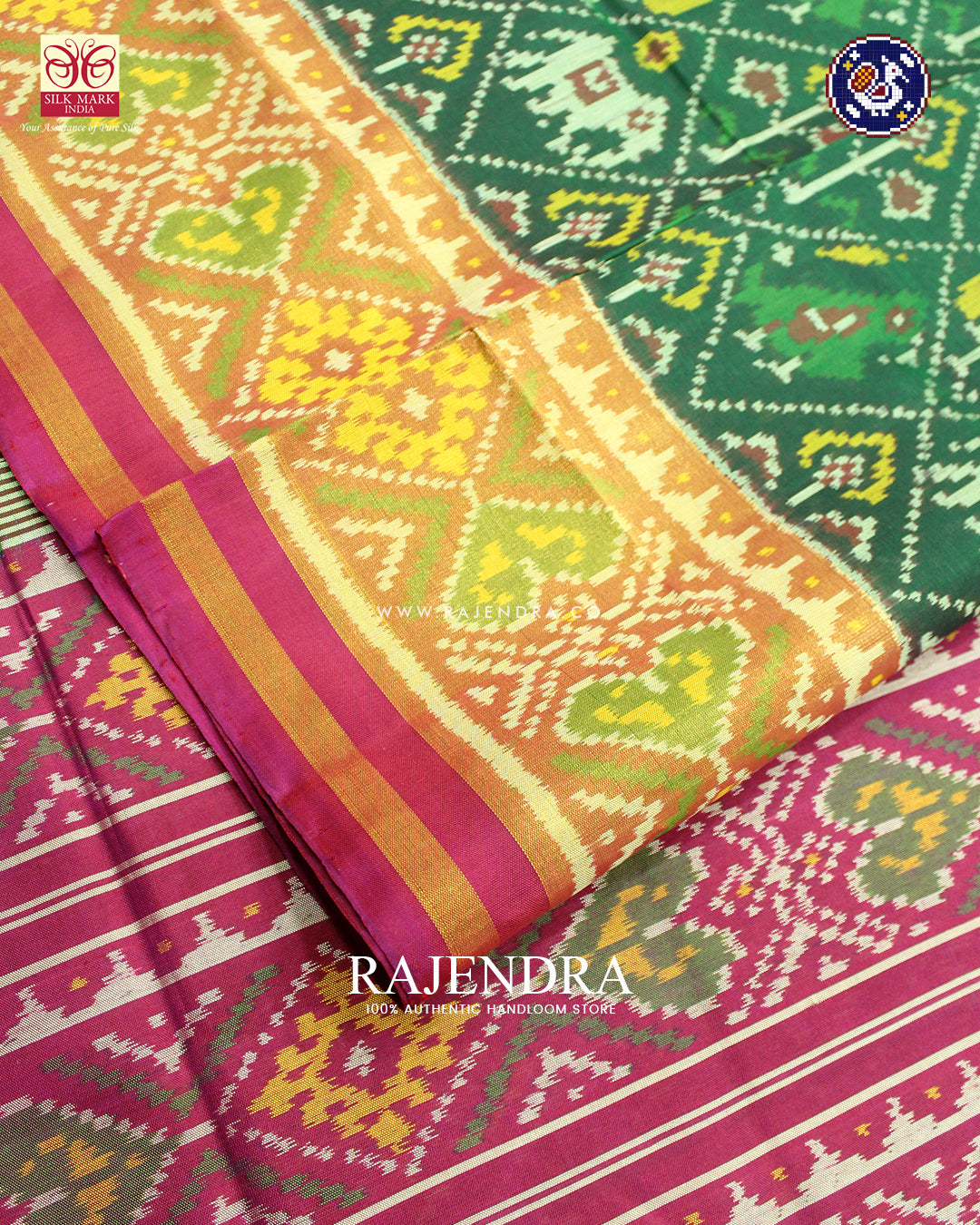 Traditional Hathi Popat Design Pink and Green Rajkot Patola Saree