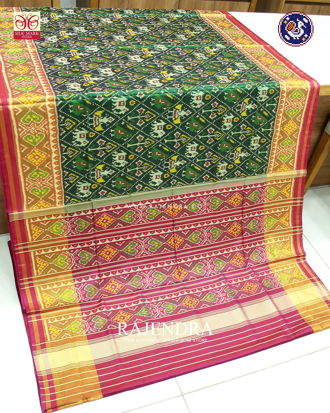 Traditional Hathi Popat Design Pink and Green Rajkot Patola Saree
