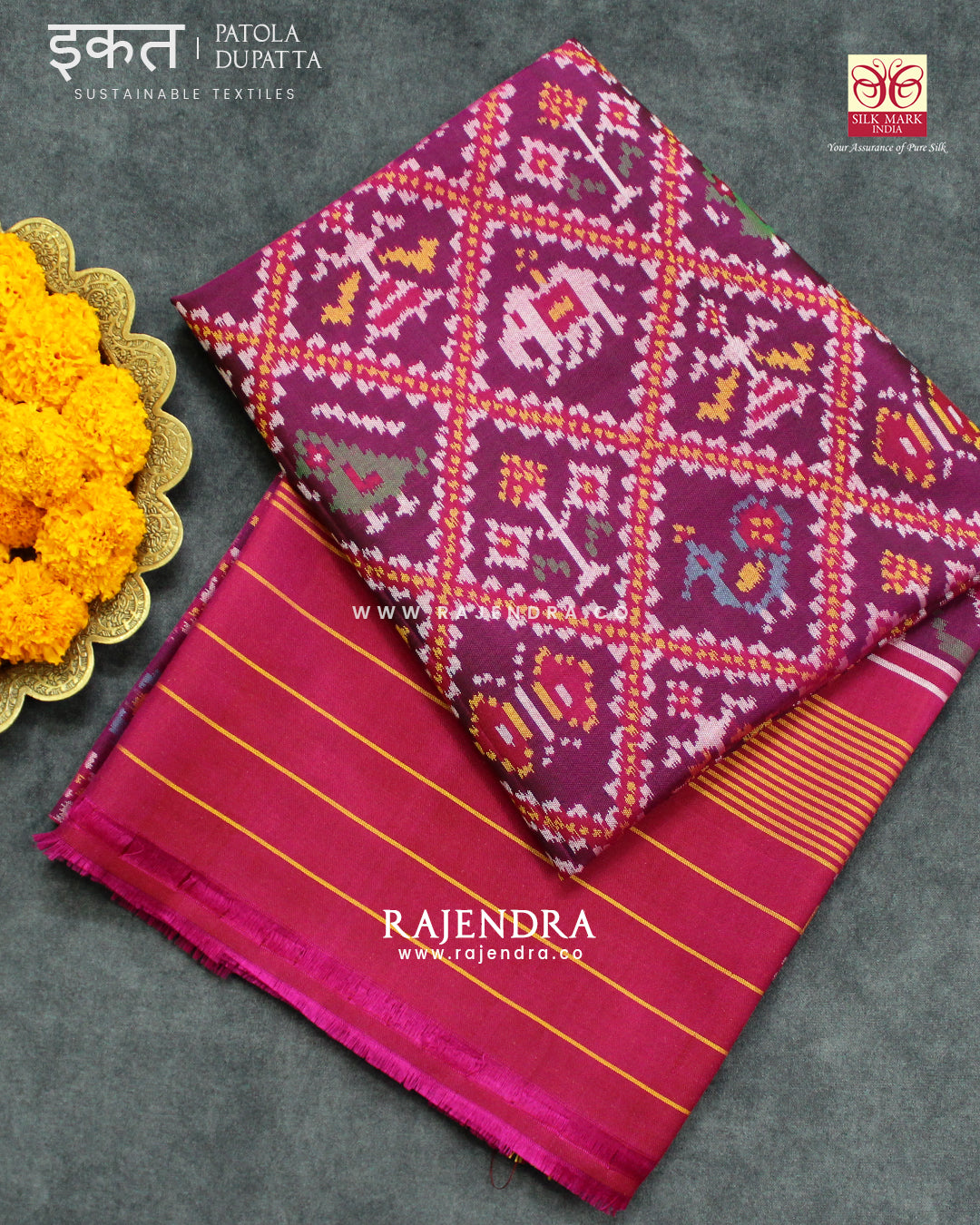 Traditional Hathi Popat Pink and Purple Semi Double Ikat Rajkot Patola Dupatta