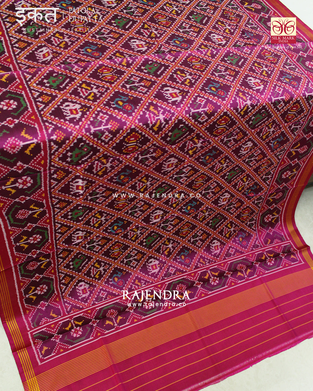 Traditional Hathi Popat Pink and Purple Semi Double Ikat Rajkot Patola Dupatta