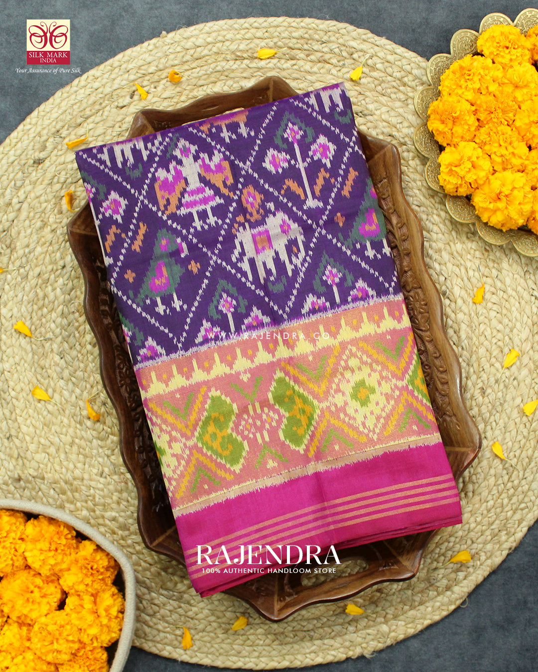 Traditional Hathi Popat Design Pink and Purple Single Ikat Rajkot Patola Saree