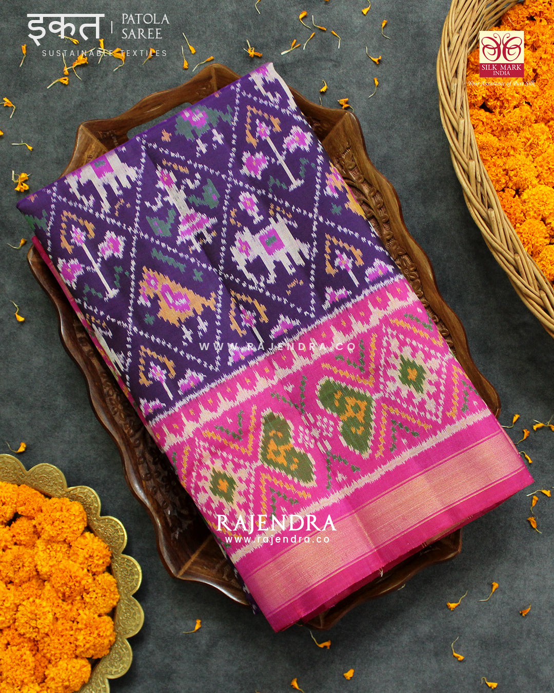 Traditional Elephant and Parrot Motif Pink and Purple Single Ikat Rajkot Patola Saree