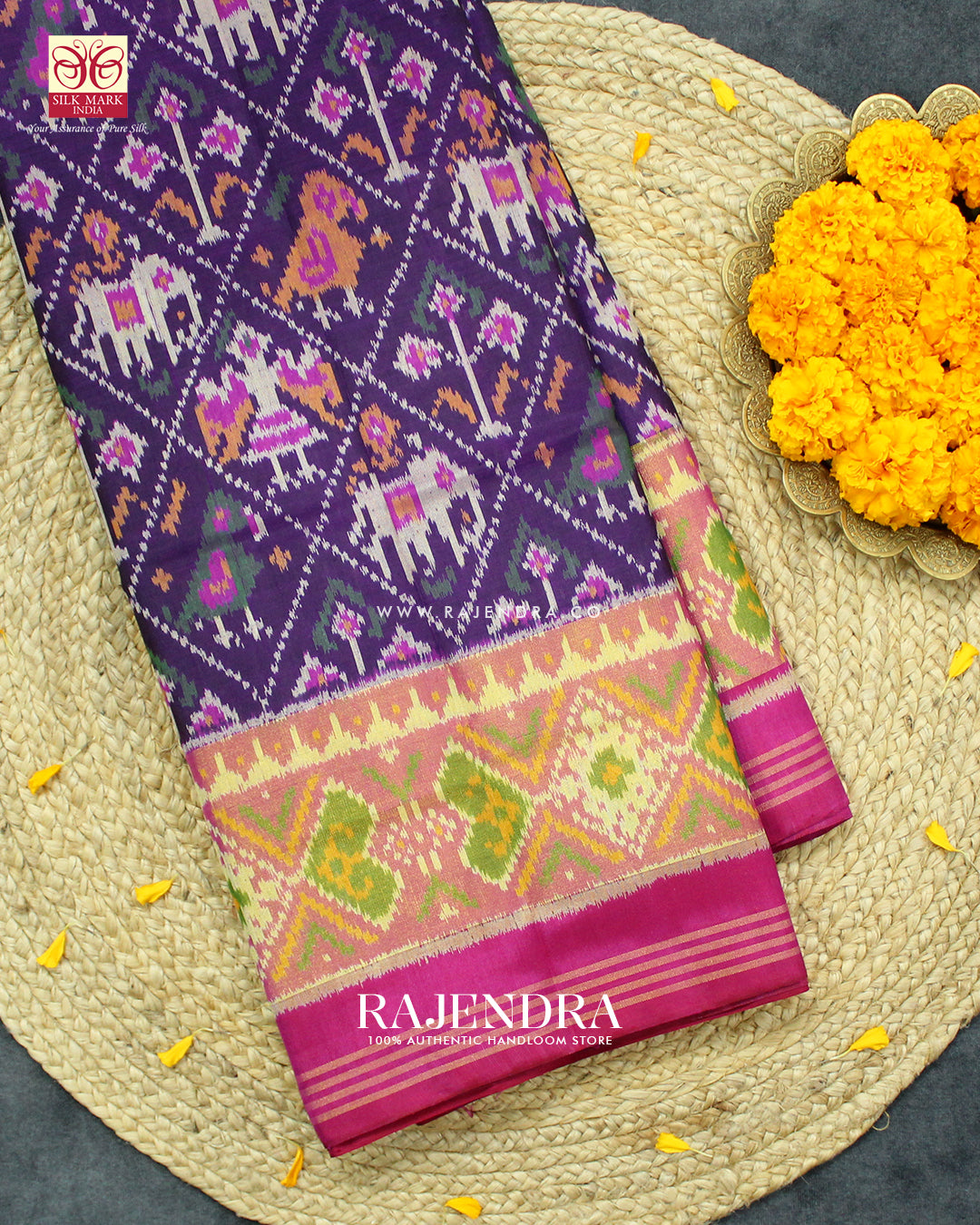 Traditional Hathi Popat Design Pink and Purple Single Ikat Rajkot Patola Saree