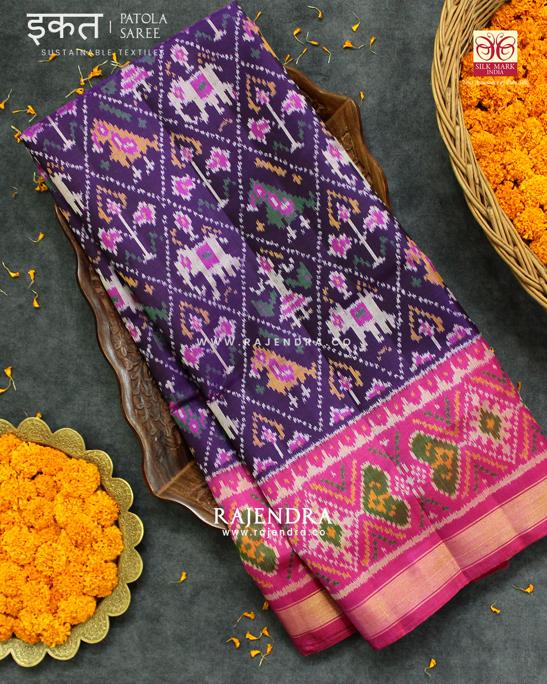 Traditional Elephant and Parrot Motif Pink and Purple Single Ikat Rajkot Patola Saree
