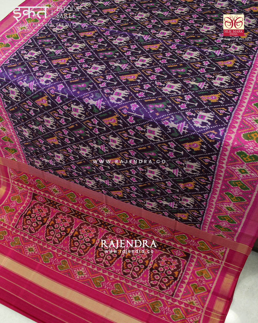 Traditional Elephant and Parrot Motif Pink and Purple Single Ikat Rajkot Patola Saree