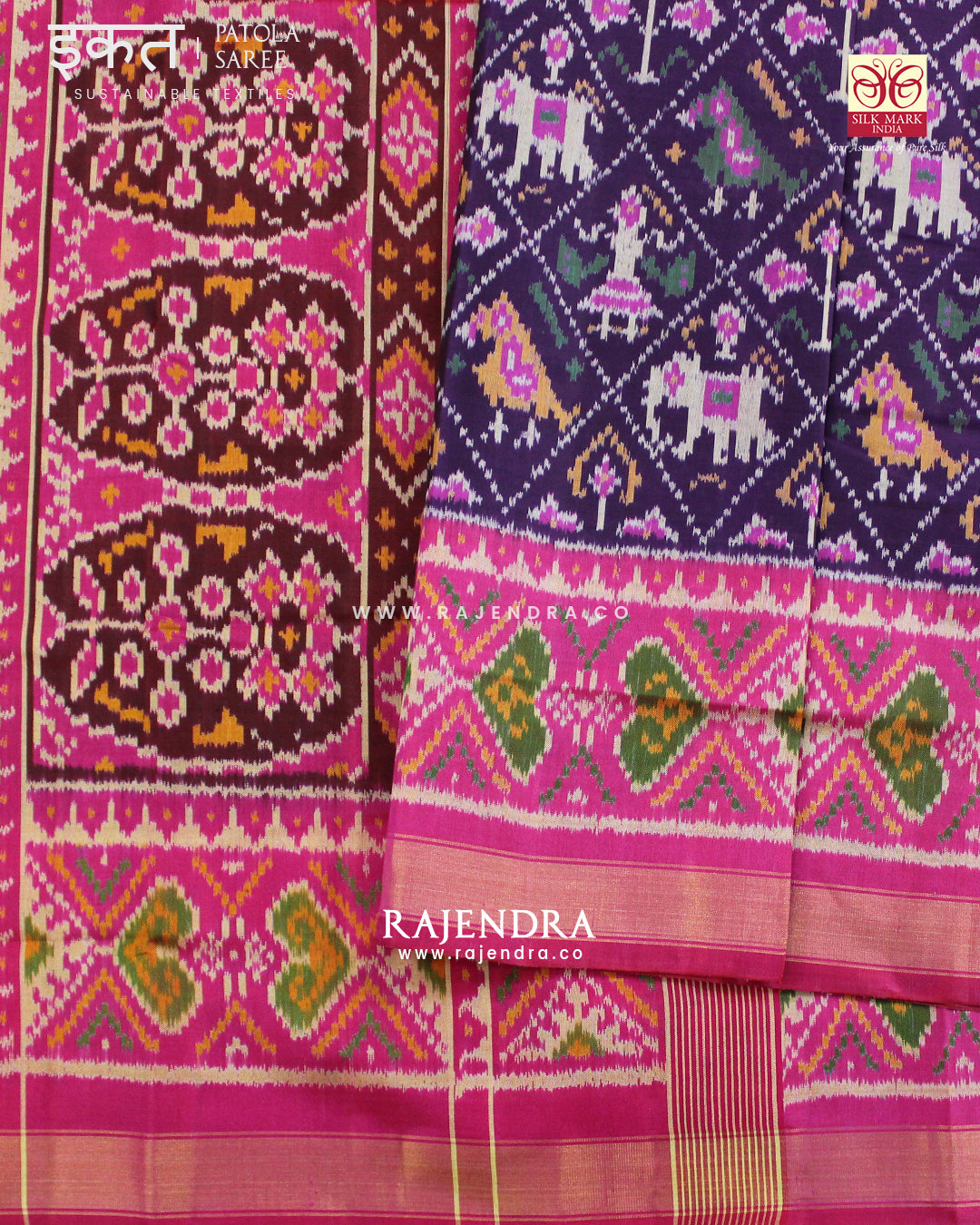 Traditional Elephant and Parrot Motif Pink and Purple Single Ikat Rajkot Patola Saree