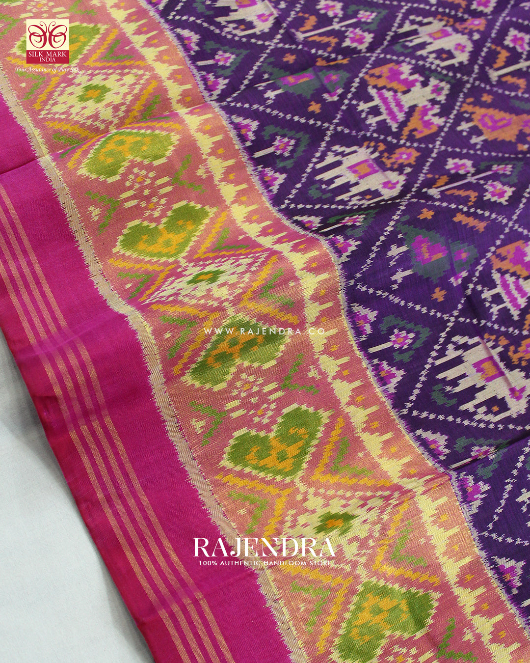Traditional Hathi Popat Design Pink and Purple Single Ikat Rajkot Patola Saree
