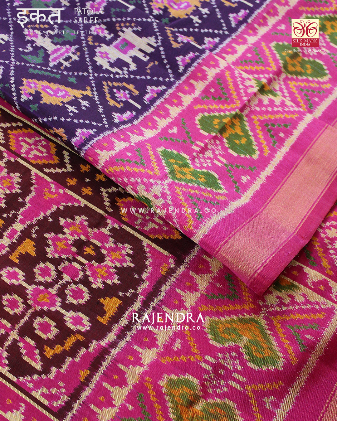 Traditional Elephant and Parrot Motif Pink and Purple Single Ikat Rajkot Patola Saree
