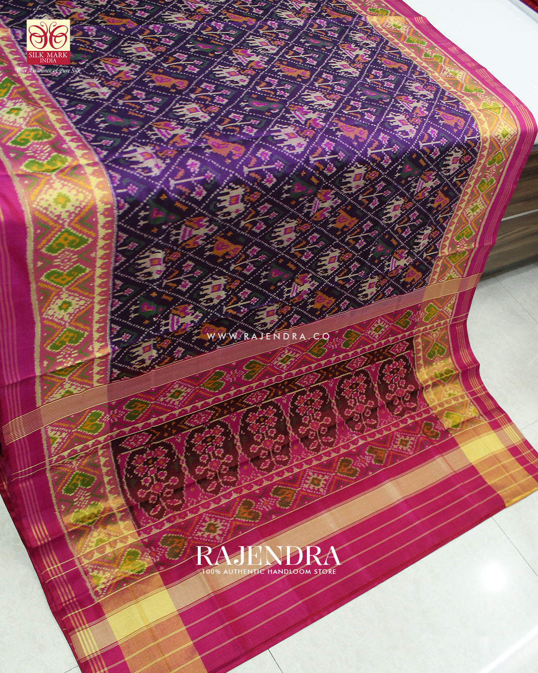 Traditional Hathi Popat Design Pink and Purple Single Ikat Rajkot Patola Saree