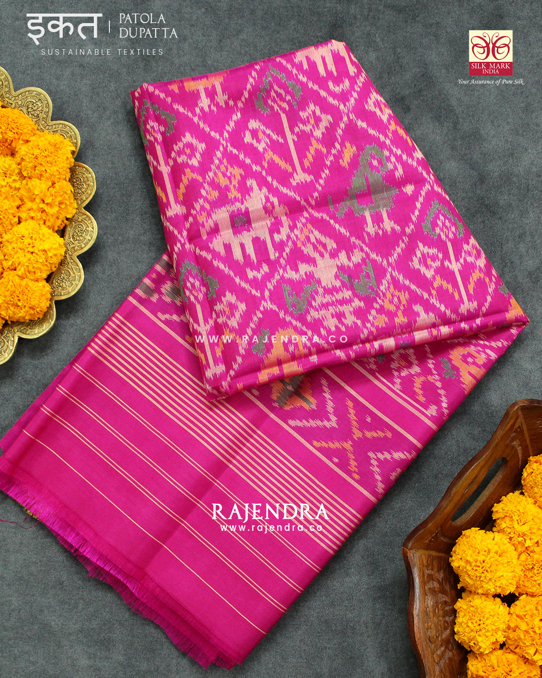 Traditional Hathi Popat Pink Single Ikat Rajkot Patola Dupatta