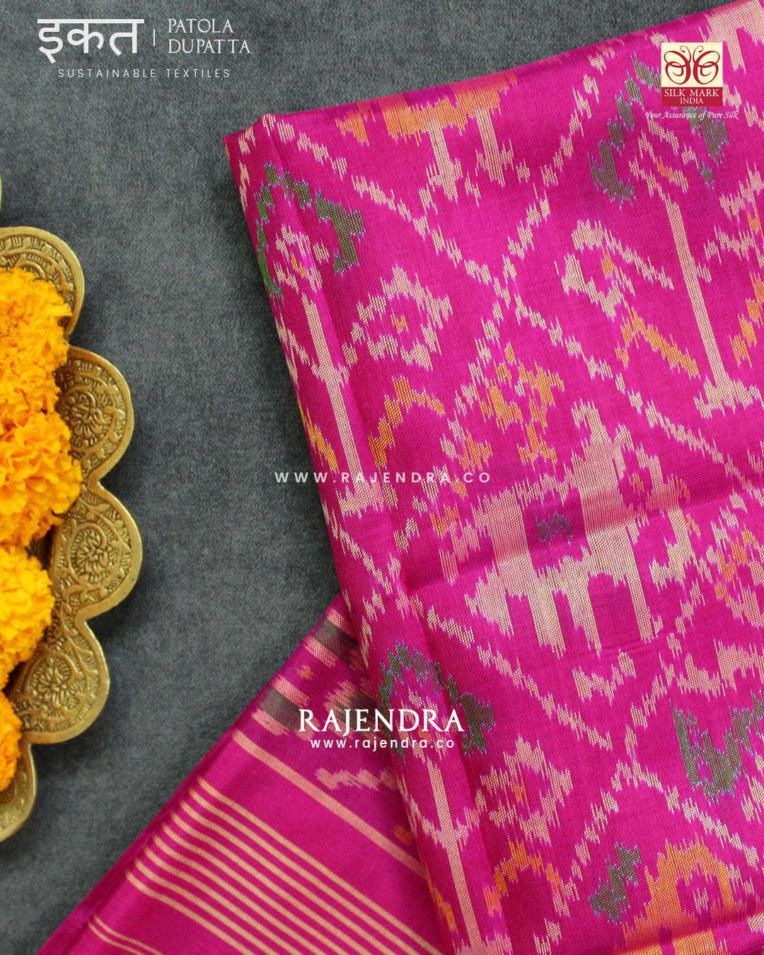 Traditional Hathi Popat Pink Single Ikat Rajkot Patola Dupatta