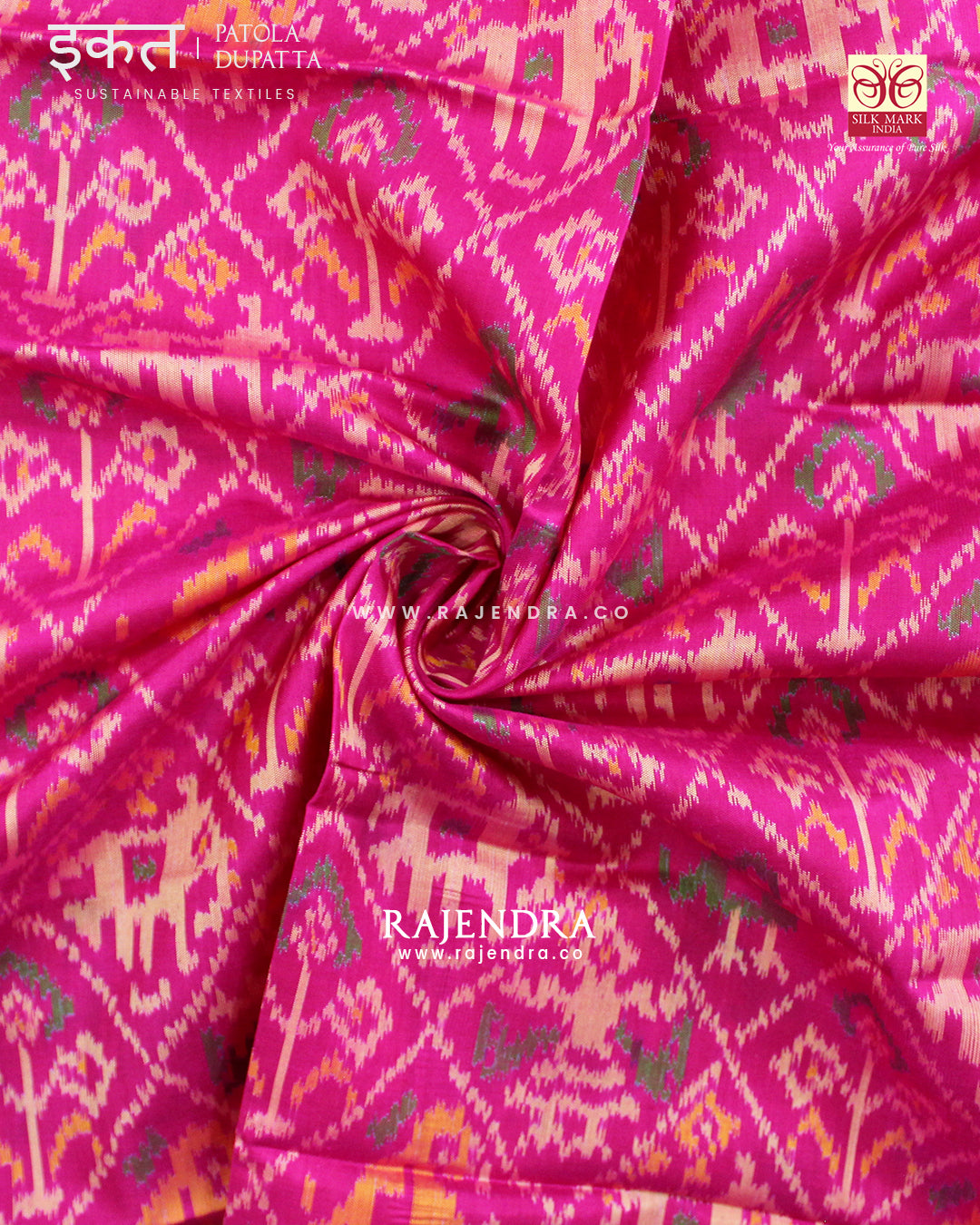 Traditional Hathi Popat Pink Single Ikat Rajkot Patola Dupatta