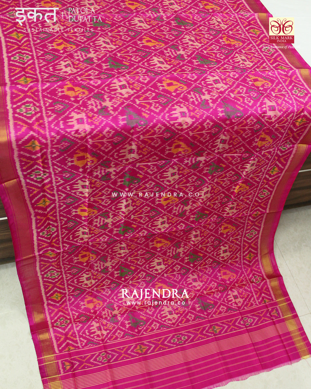 Traditional Hathi Popat Pink Single Ikat Rajkot Patola Dupatta