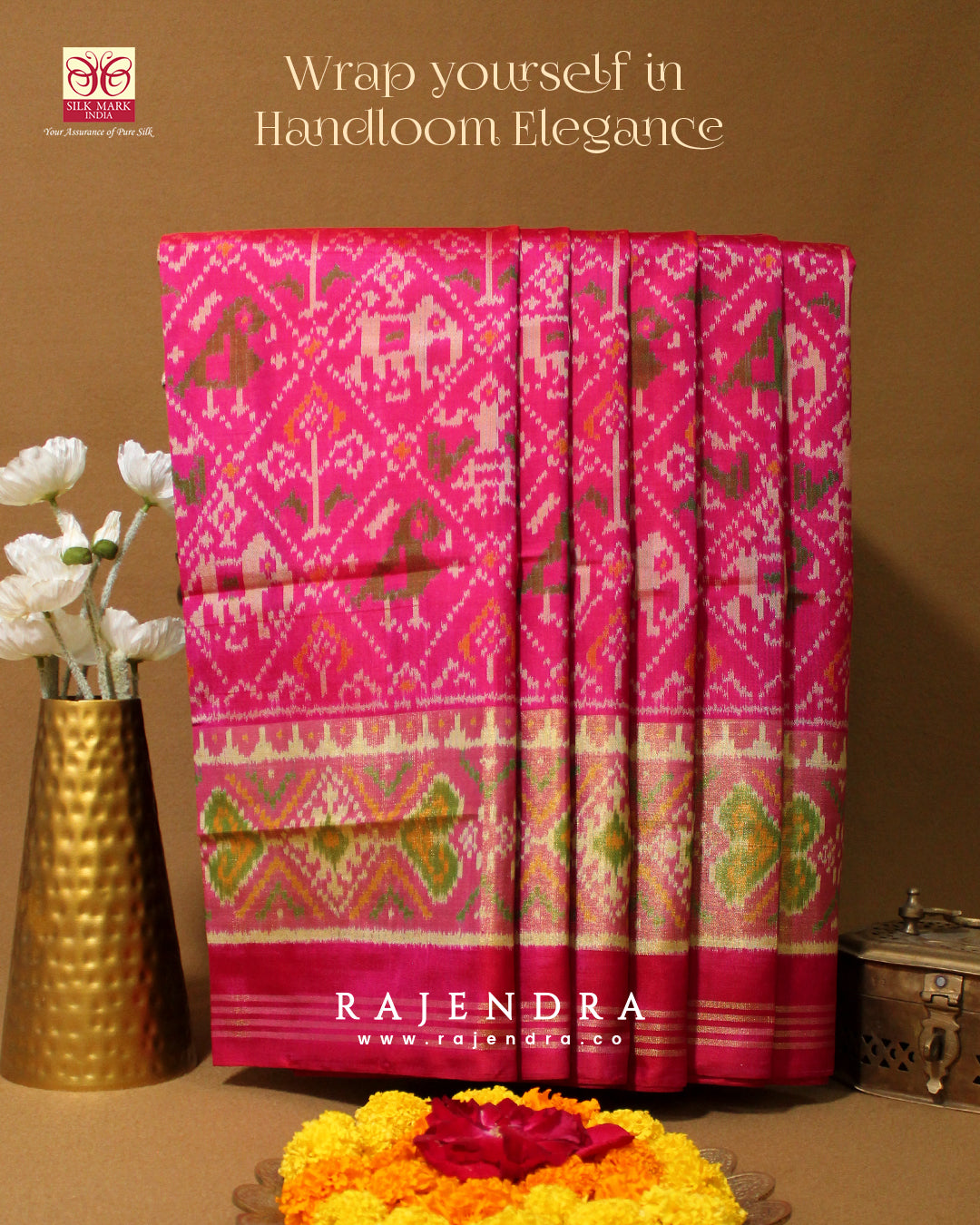Handwoven Hathi Popat Bhat Pink Single ikkat Rajkot Patola Saree