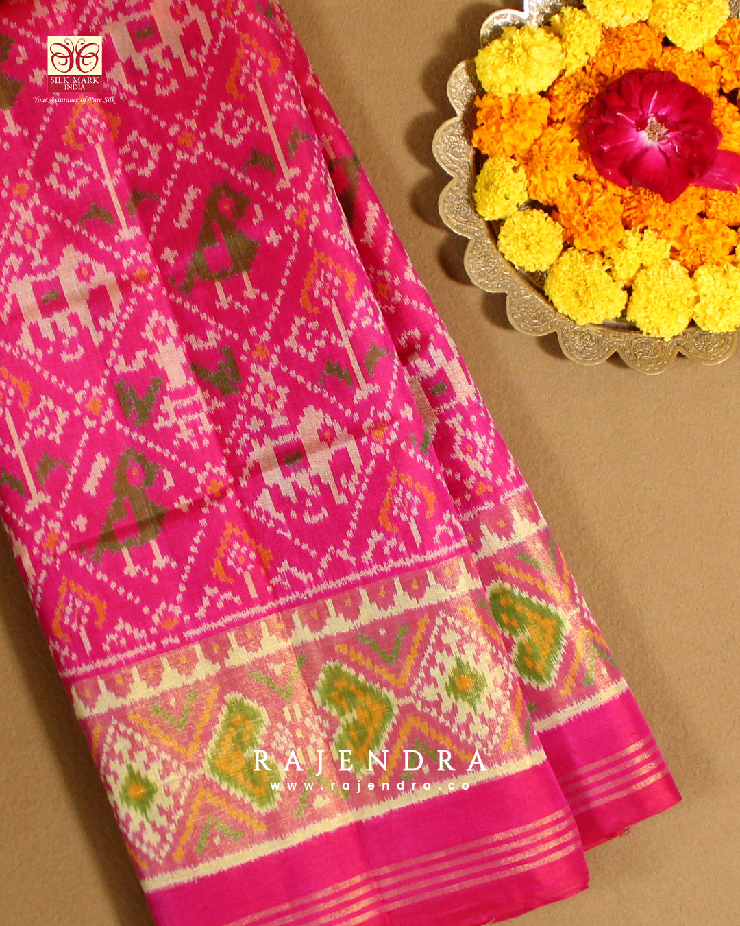 Handwoven Hathi Popat Bhat Pink Single ikkat Rajkot Patola Saree