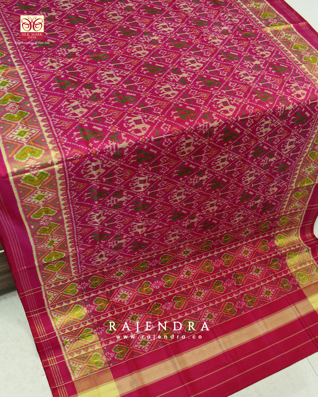 Handwoven Hathi Popat Bhat Pink Single ikkat Rajkot Patola Saree