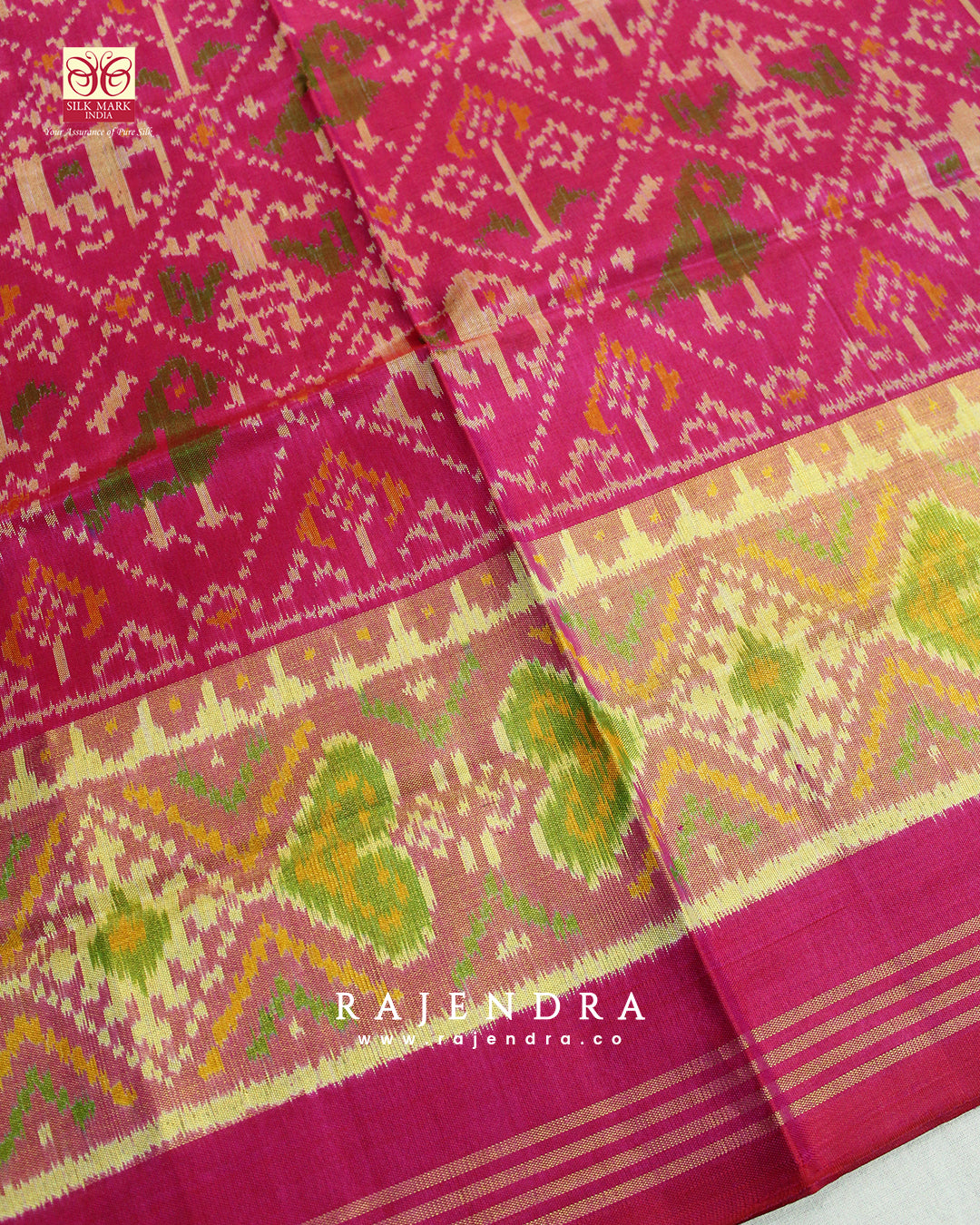 Handwoven Hathi Popat Bhat Pink Single ikkat Rajkot Patola Saree