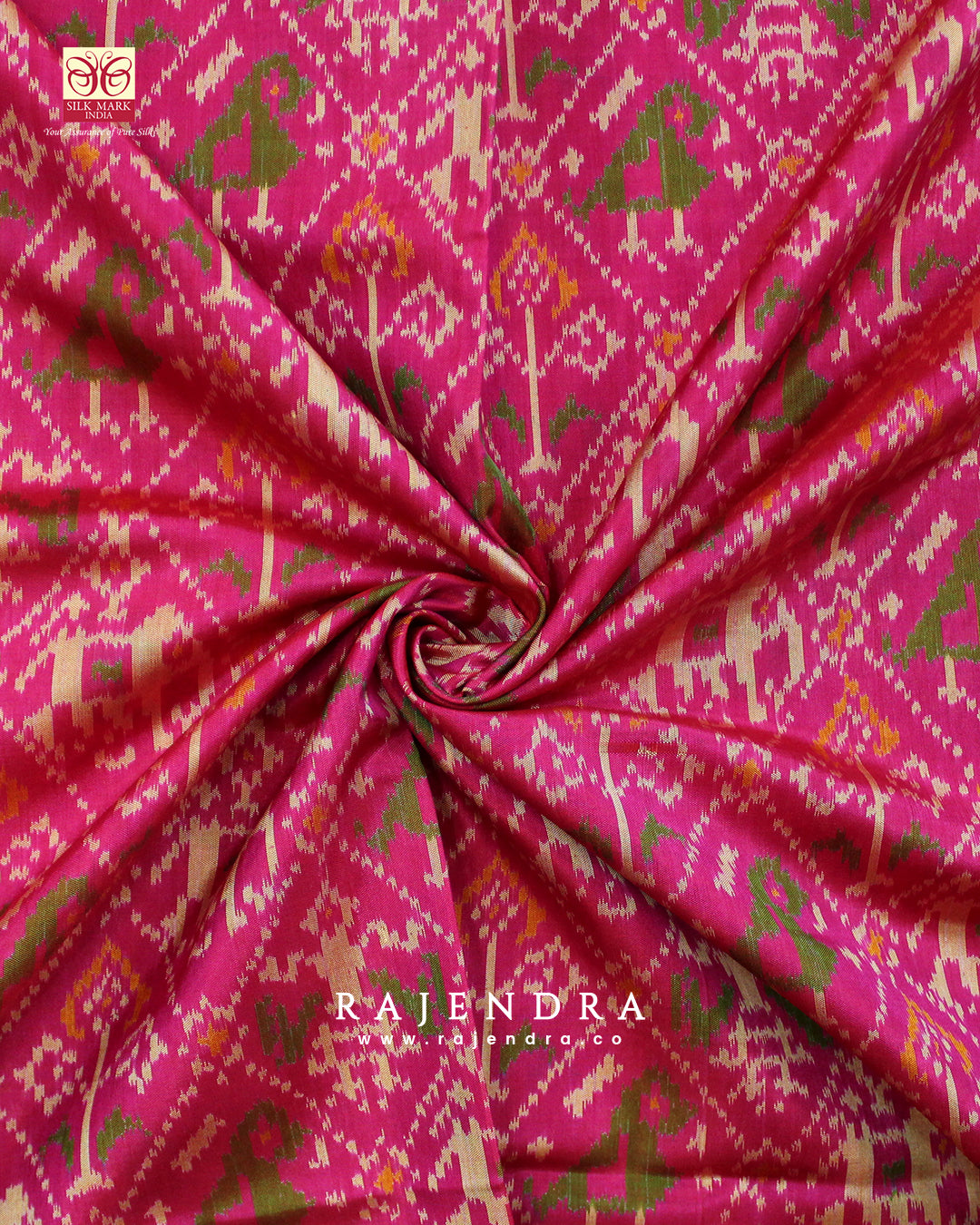 Handwoven Hathi Popat Bhat Pink Single ikkat Rajkot Patola Saree