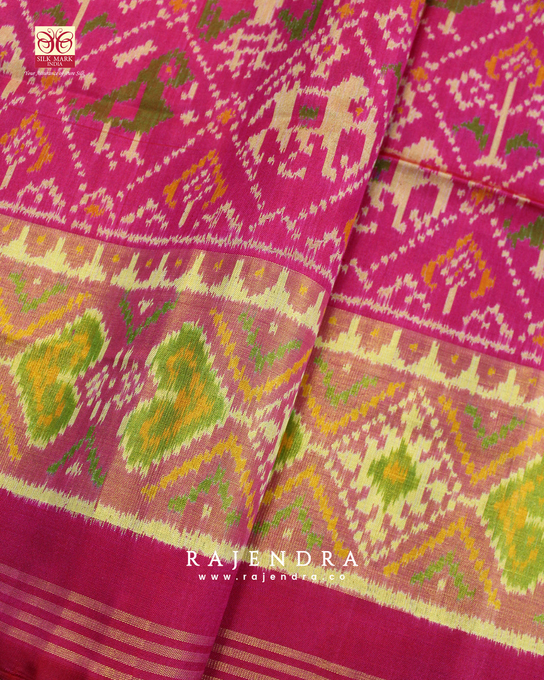 Handwoven Hathi Popat Bhat Pink Single ikkat Rajkot Patola Saree