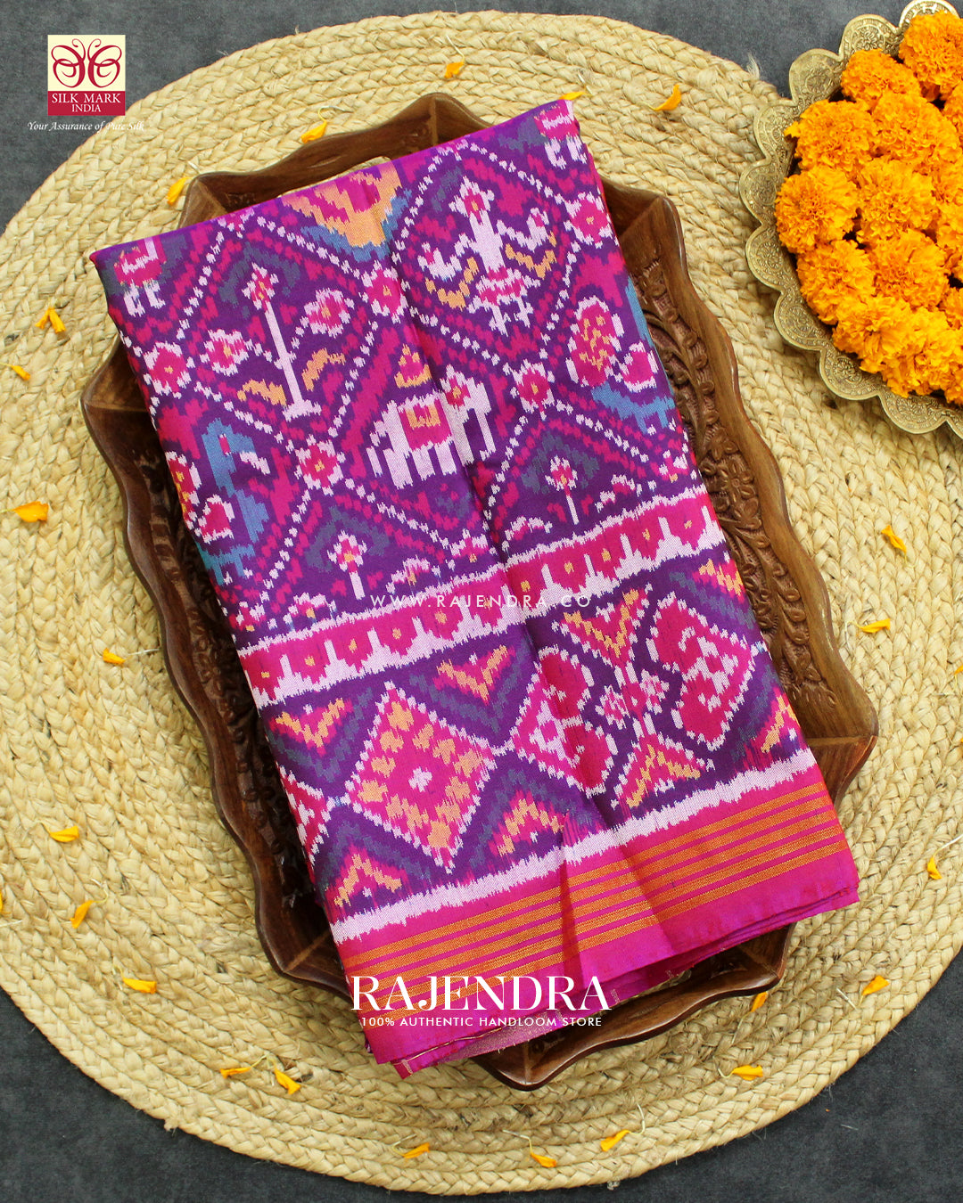 Traditional Hathi Popat Rani Pink Ikat Rajkot Patola Saree
