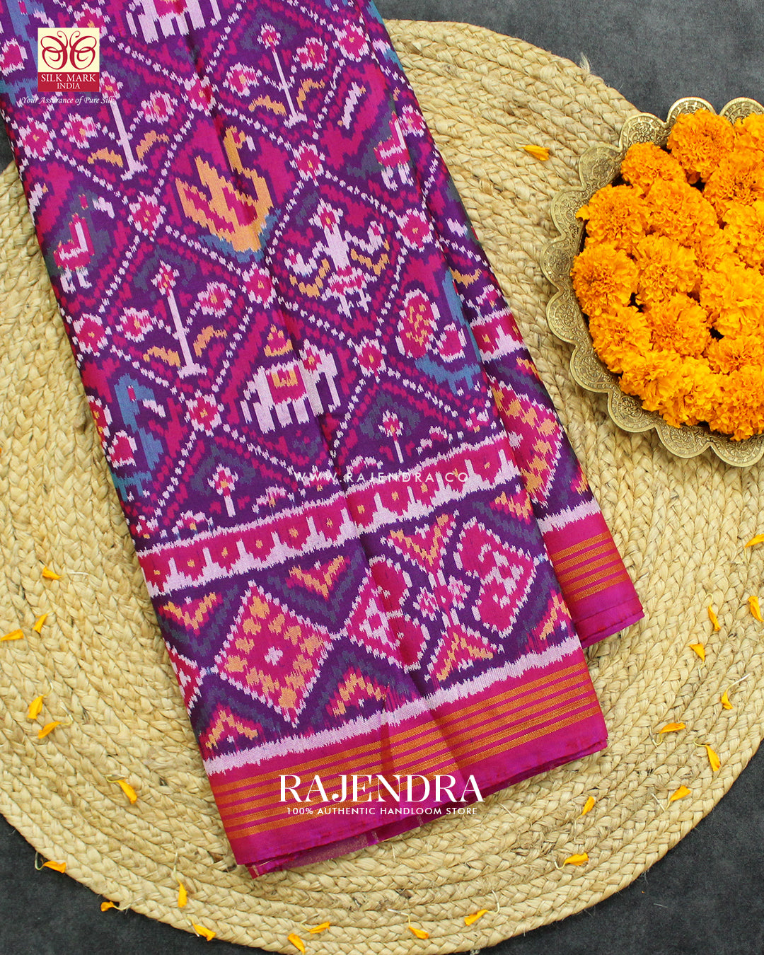 Traditional Hathi Popat Rani Pink Ikat Rajkot Patola Saree