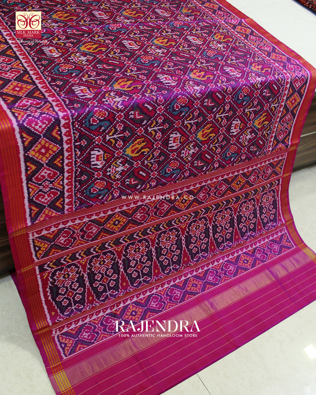 Traditional Hathi Popat Rani Pink Ikat Rajkot Patola Saree
