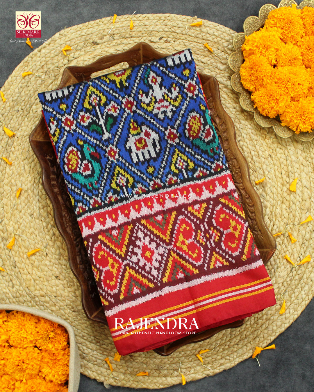 Traditional Hathi Popat Bhat Red and Blue Semi Double Ikkat Rajkot Patola Saree