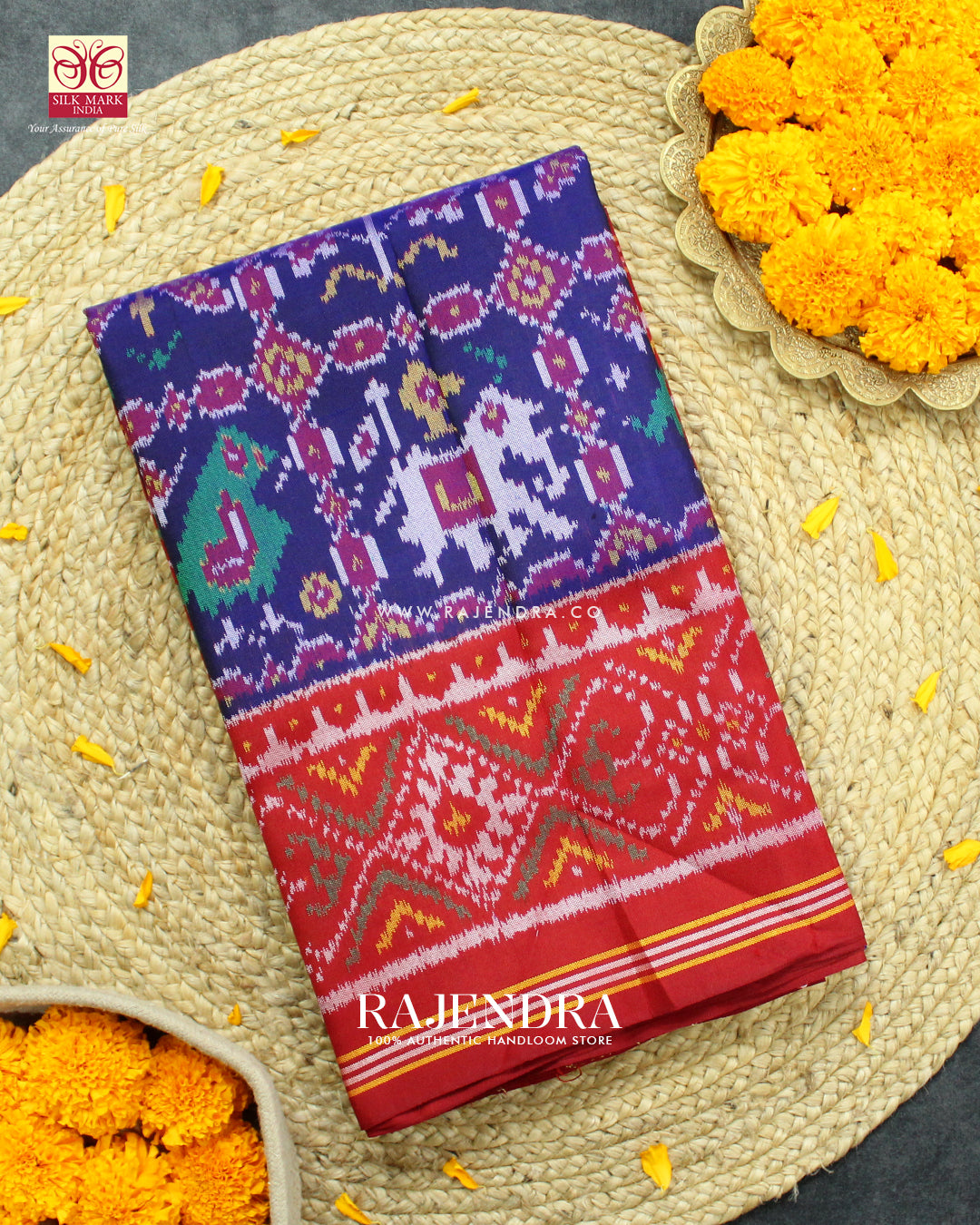 Traditional Hathi Popat Design Red and Blue Ikat Rajkot Patola Saree