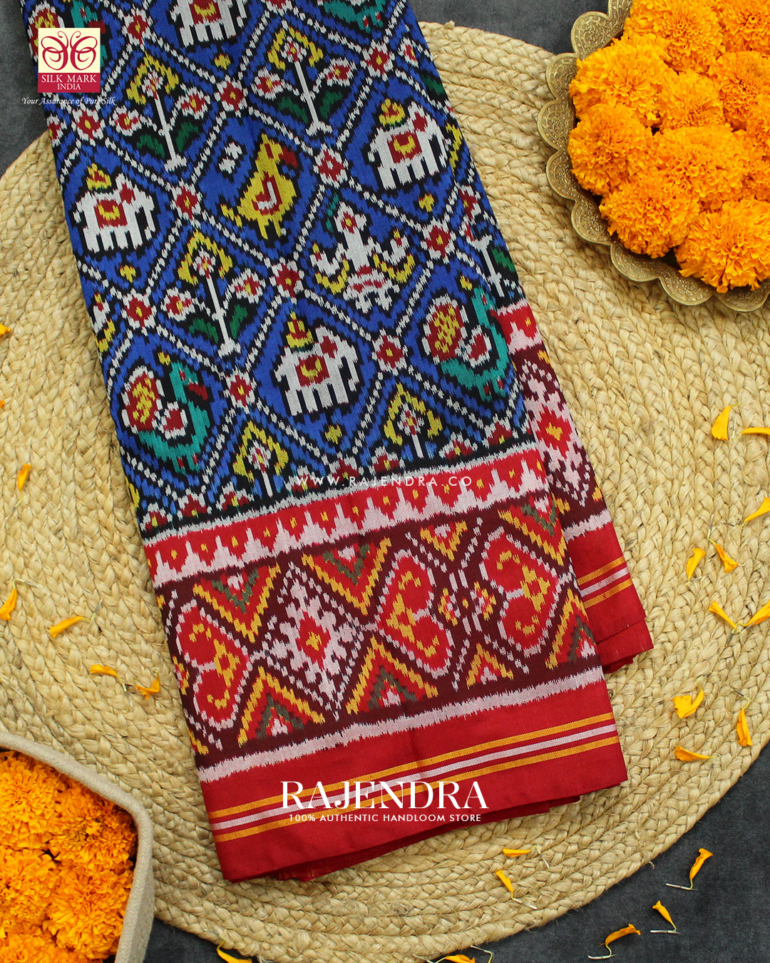 Traditional Hathi Popat Bhat Red and Blue Semi Double Ikkat Rajkot Patola Saree
