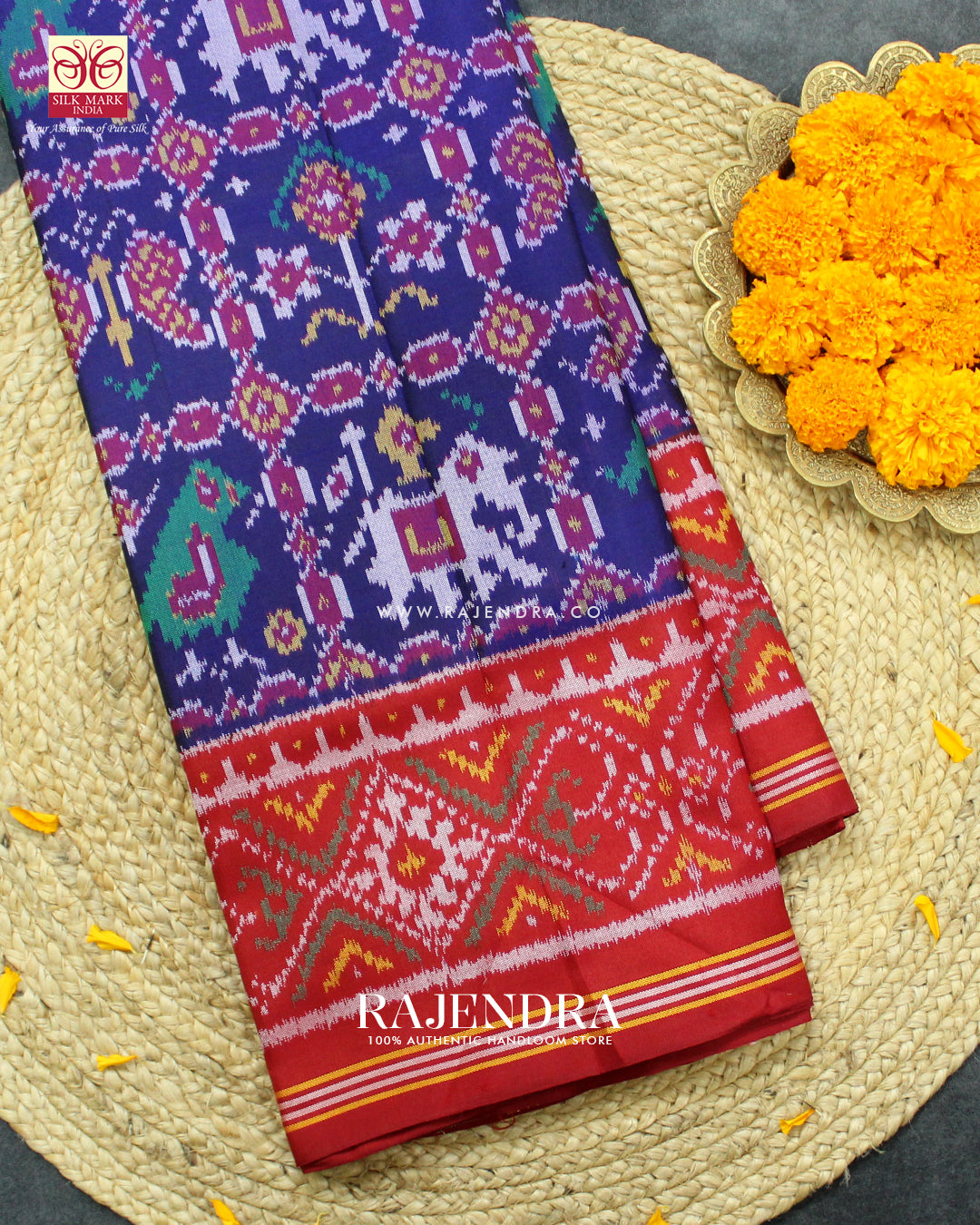 Traditional Hathi Popat Design Red and Blue Ikat Rajkot Patola Saree