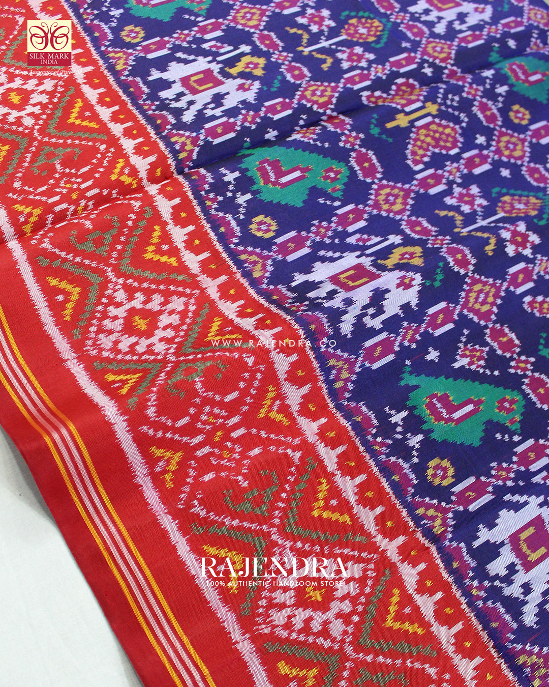Traditional Hathi Popat Design Red and Blue Ikat Rajkot Patola Saree