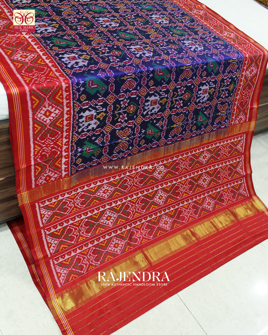 Traditional Hathi Popat Design Red and Blue Ikat Rajkot Patola Saree
