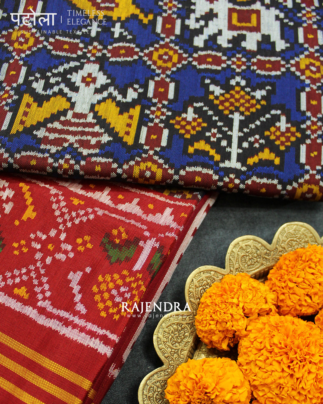 Exclusive Hathi Popat Red and Blue Semi Double Ikat Rajkot Patola Saree